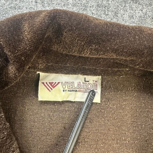 Vintage 70s Velour Shirt Men Large Brown Collared Stripe Velation by Harper - Picture 2 of 11